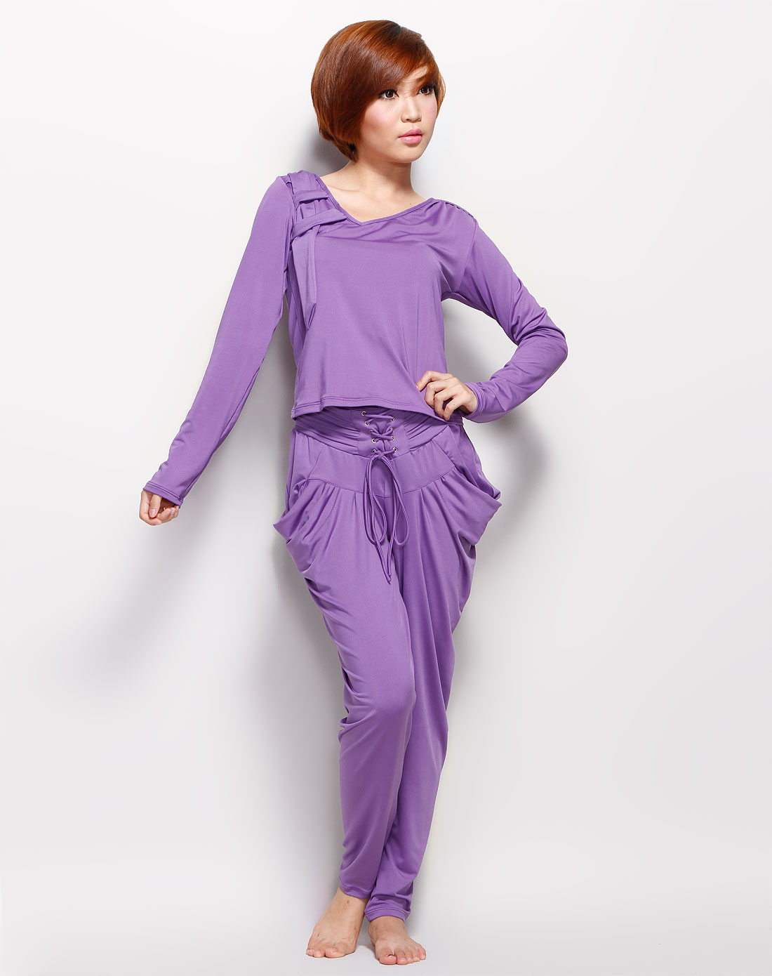品牌-6--夜场女款紫色V领长袖衫长裤瑜伽套装
