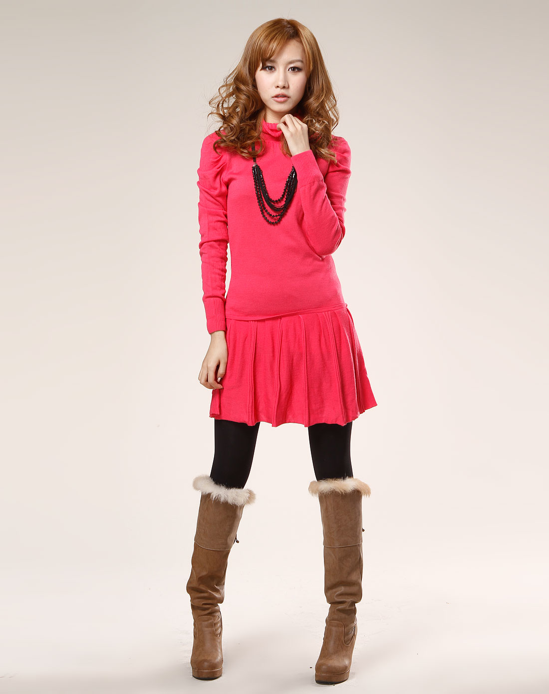 布兰卡Casablank玫红色高领<em>长袖毛衣连衣裙</em>配