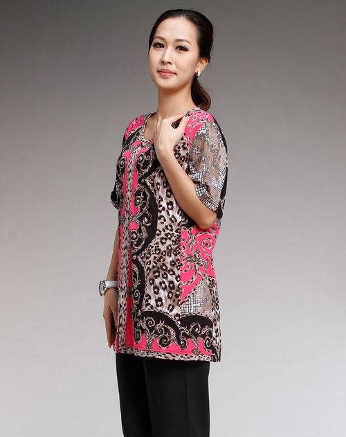 菁夫人KINGFOVLUN粉红\/黑色印花短袖衫价格