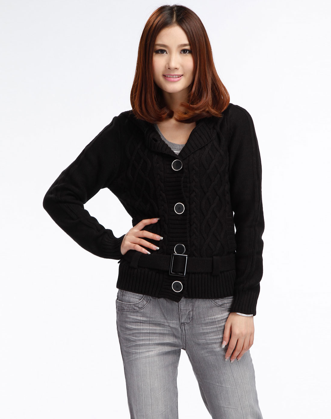 黑色翻领长袖<em>毛织开衫</em>