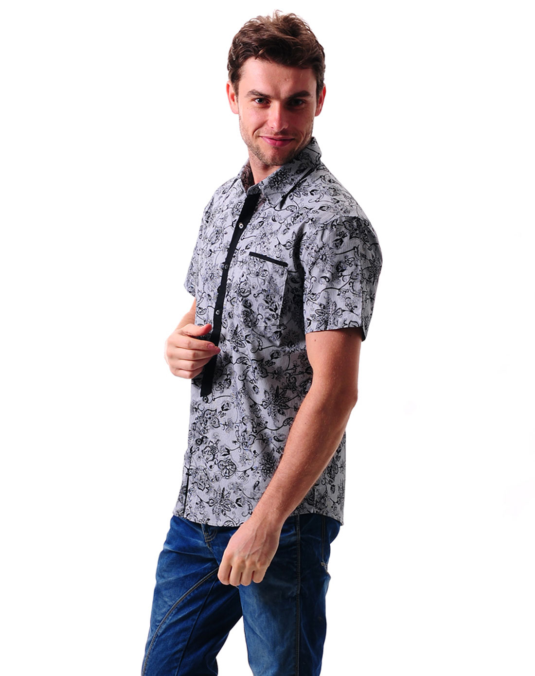 品牌-4--夜场男款进口纯棉面料短袖衬衫W-811