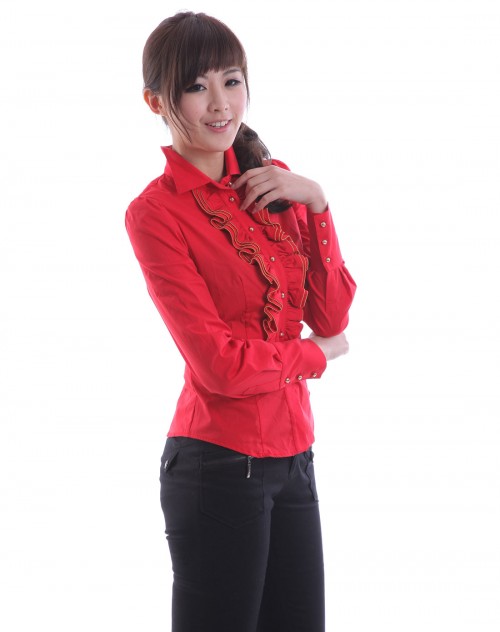 <em>三彩女装</em>红色荷叶边长袖<em>衬衫</em>_唯品会名牌时尚