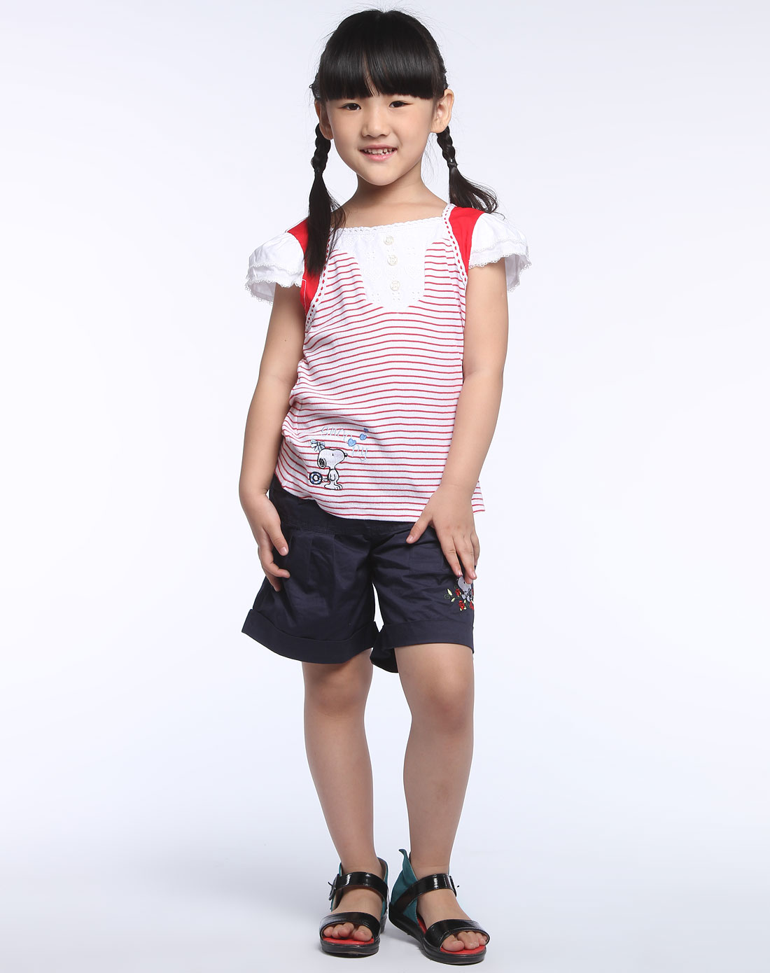 史努比SNOOPY-<em>女童</em>白底<em>红色</em>条纹短袖<em>上衣</em>S