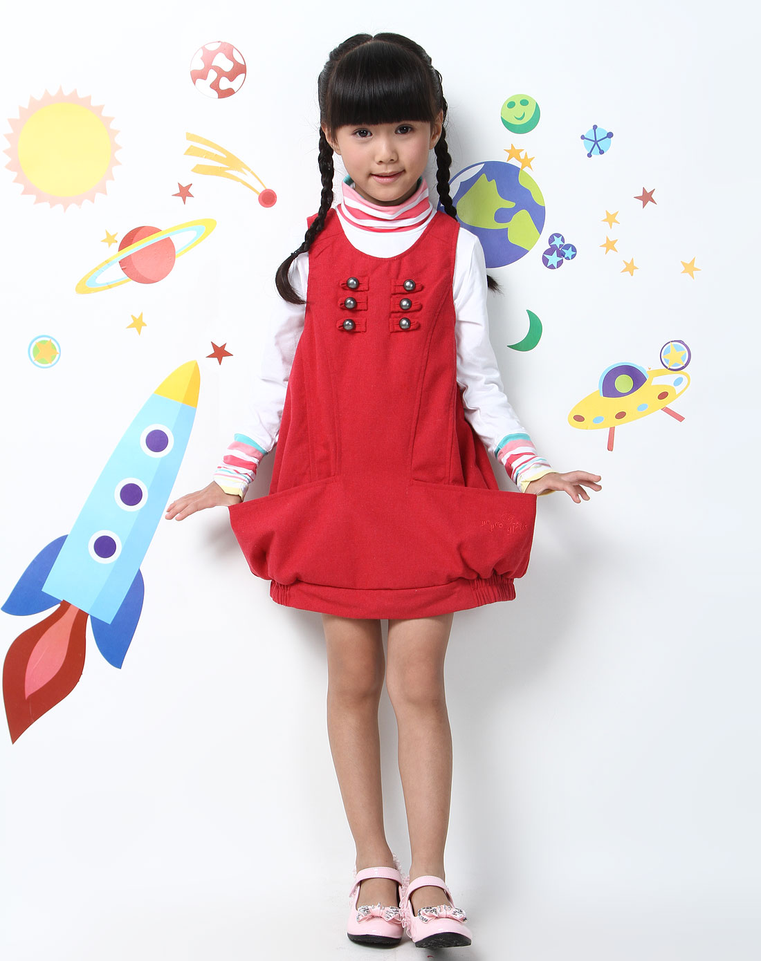 小猪班纳PEPCO男女童<em>女童</em>红色时尚<em>无袖连衣</em>