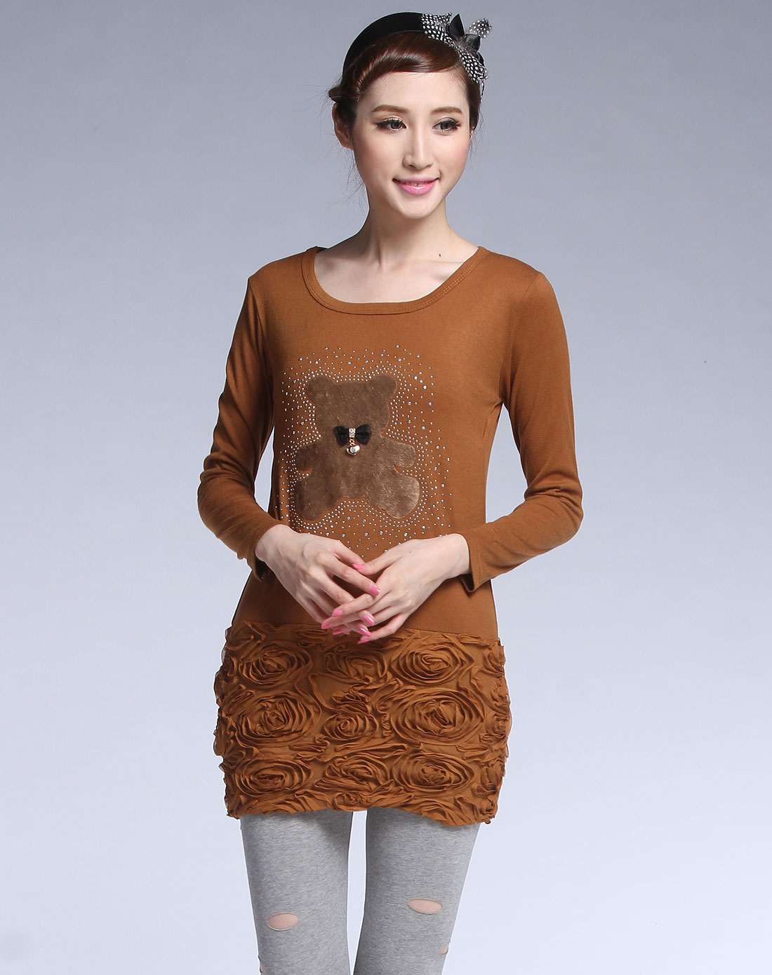 Ko.shish棕黄色烫钻立体花长袖连衣裙251252-580_唯品会