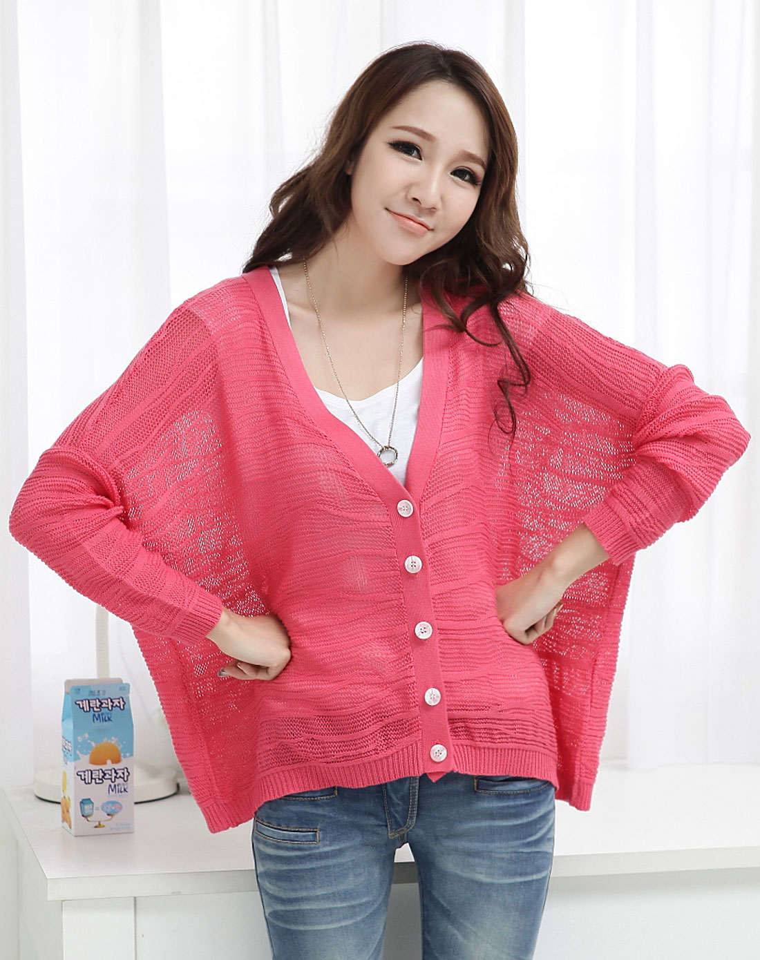 韩都衣舍HSTYLE西瓜红色<em>蝙蝠袖针织开衫</em>JQ2