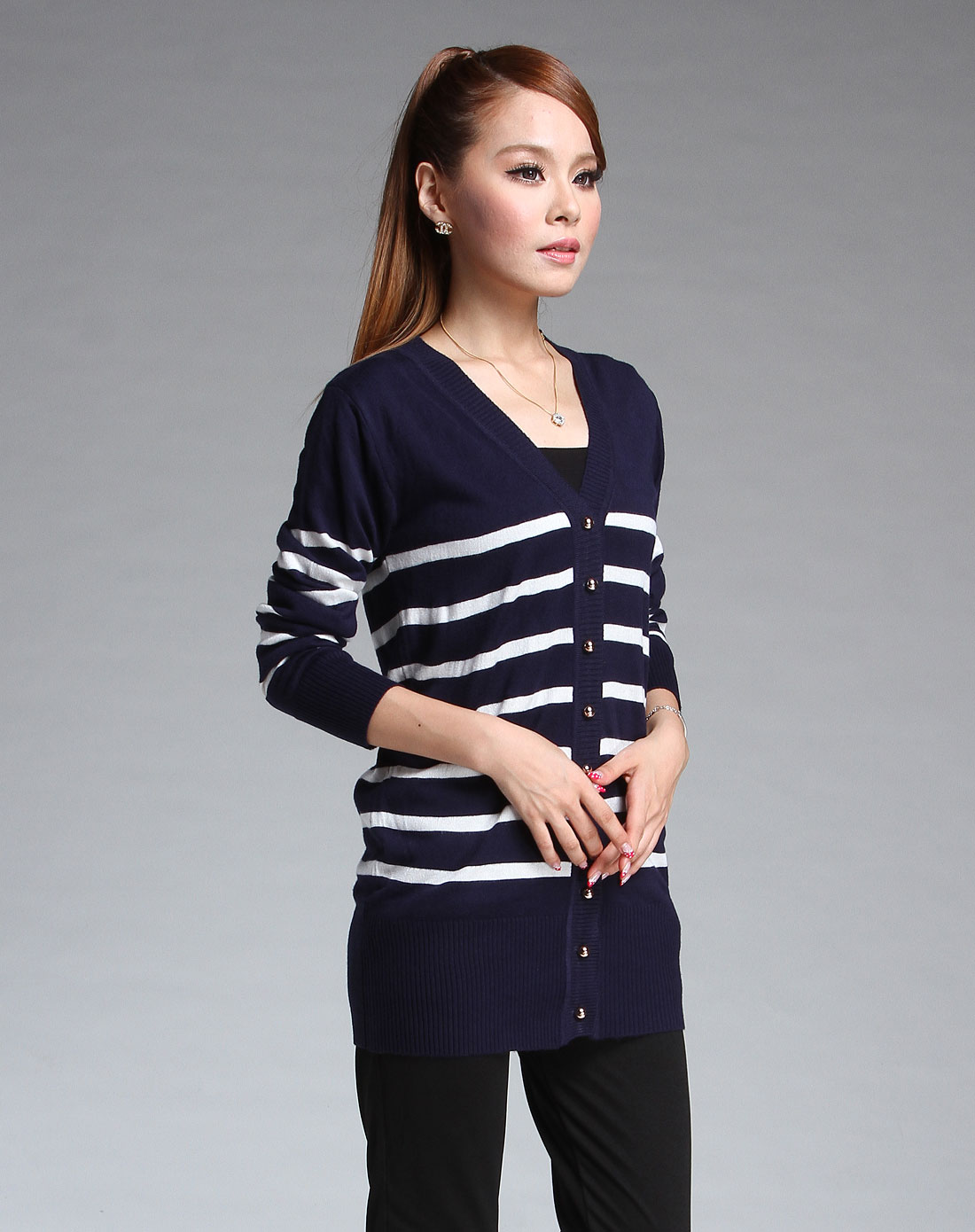 EMI'S<em>深蓝色</em>间条长袖<em>针织开衫</em>36340-56_唯品