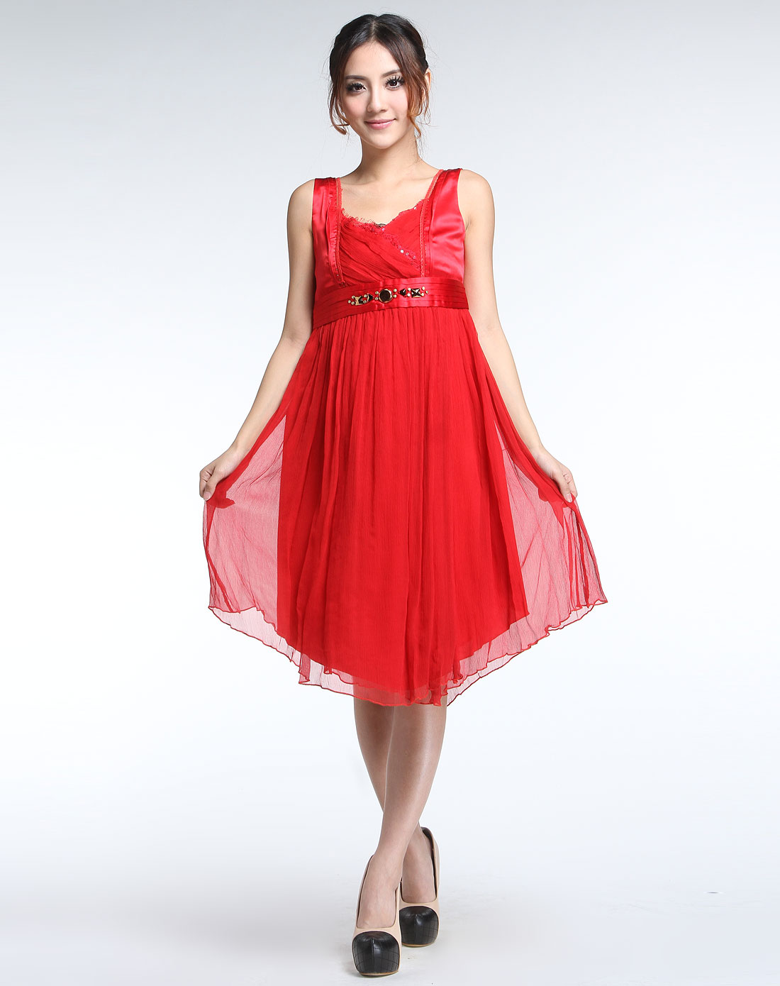 可可尼cocoon&秋水伊人混合红色无袖连衣裙27c01041_唯品会