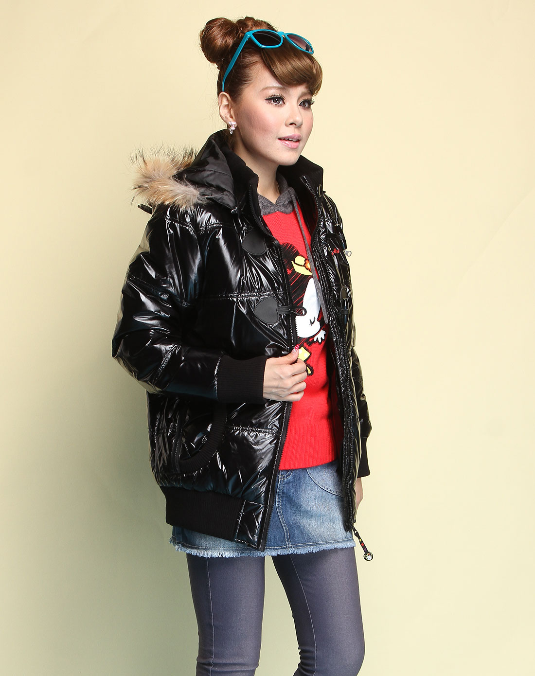ickey Mouse米奇女装黑色连帽拉链经典<em>牛仔</em>扣