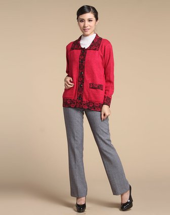 玛莎歌荻MASHAGEDI深<em>梅红色</em>时尚花纹长袖毛