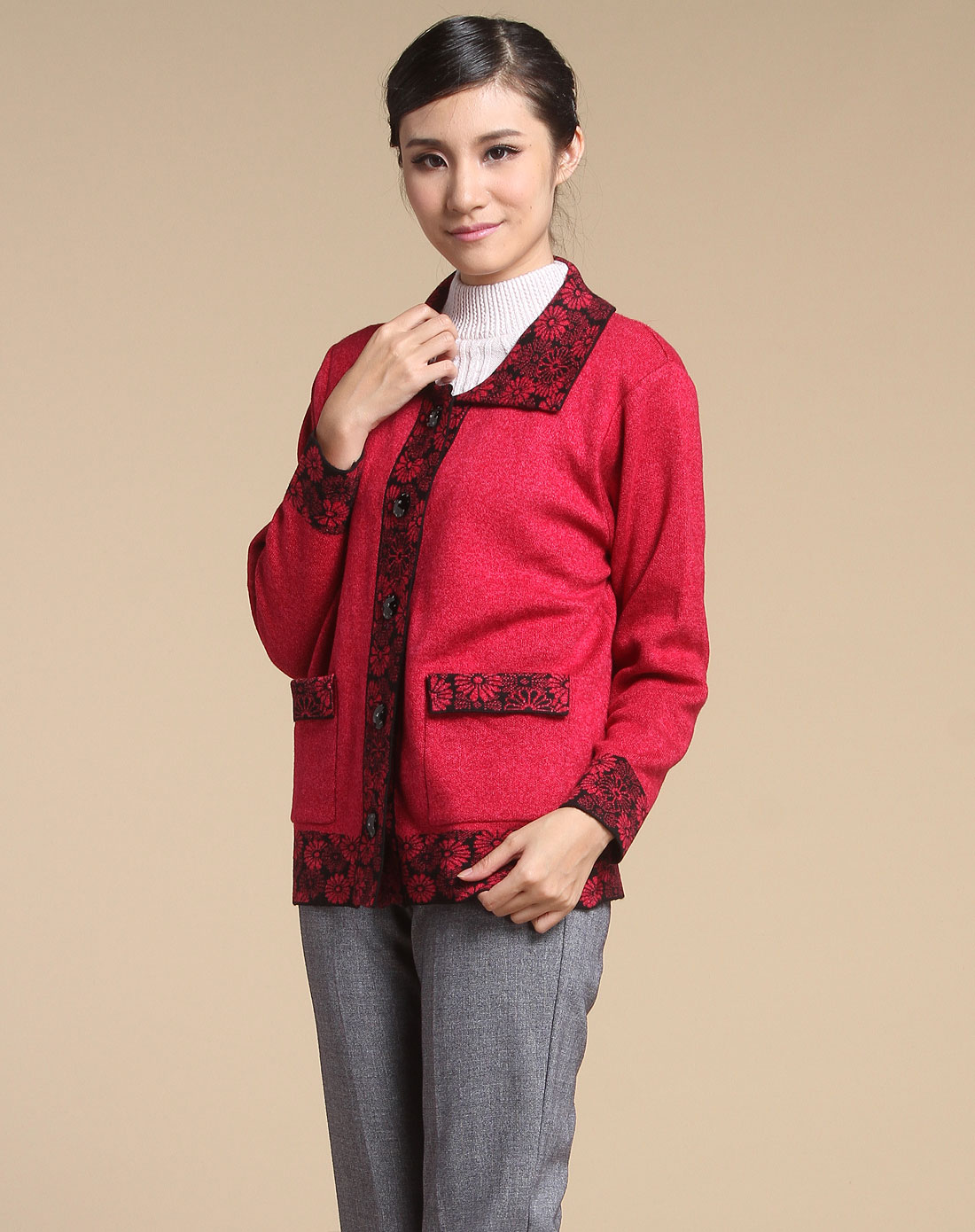 玛莎歌荻MASHAGEDI深<em>梅红色</em>时尚花纹长袖毛