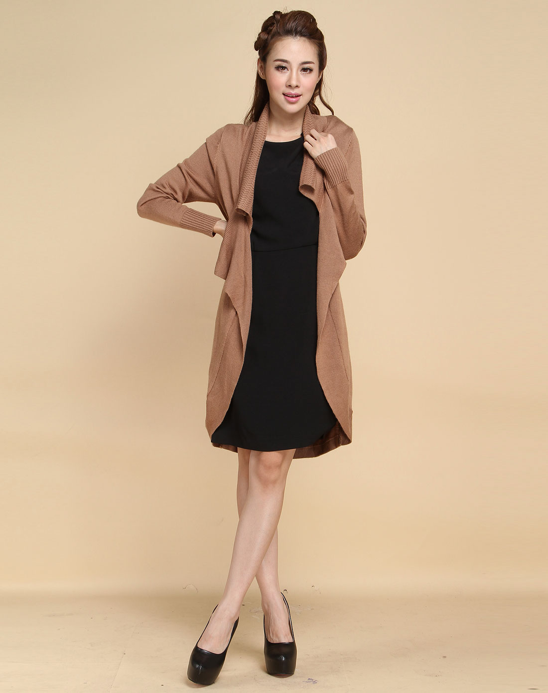 珂莱蒂尔Koradior<em>咖啡色</em>休闲时尚长袖<em>针织开衫</em>