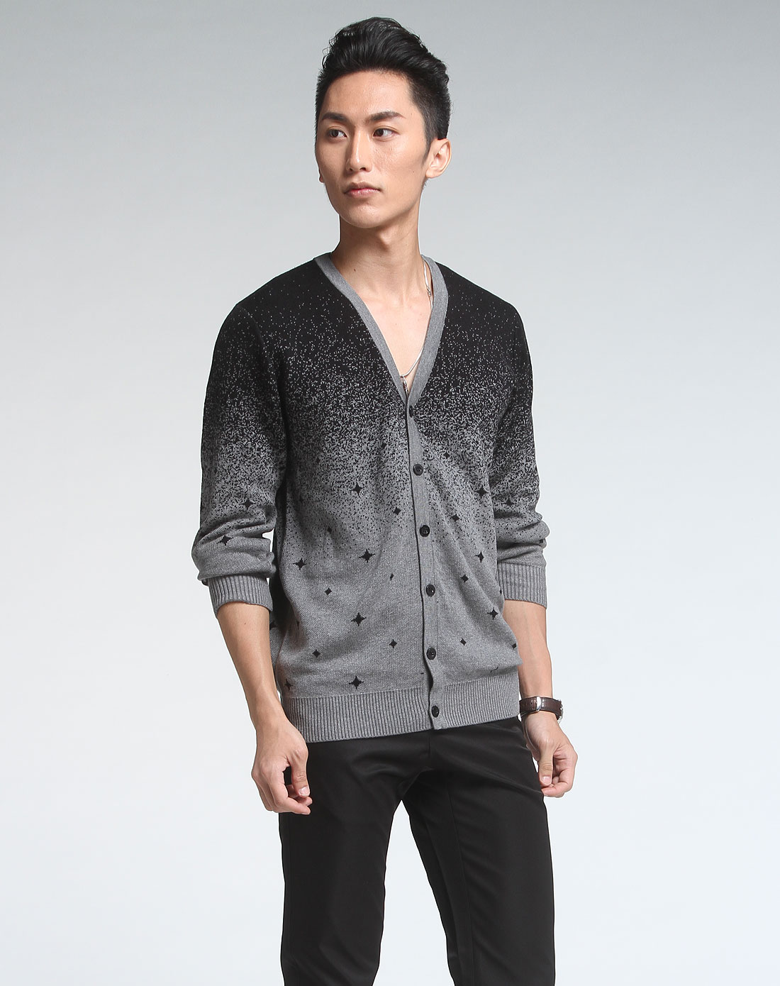 zorba灰黑色简约织花长袖<em>毛织开衫</em>12301005