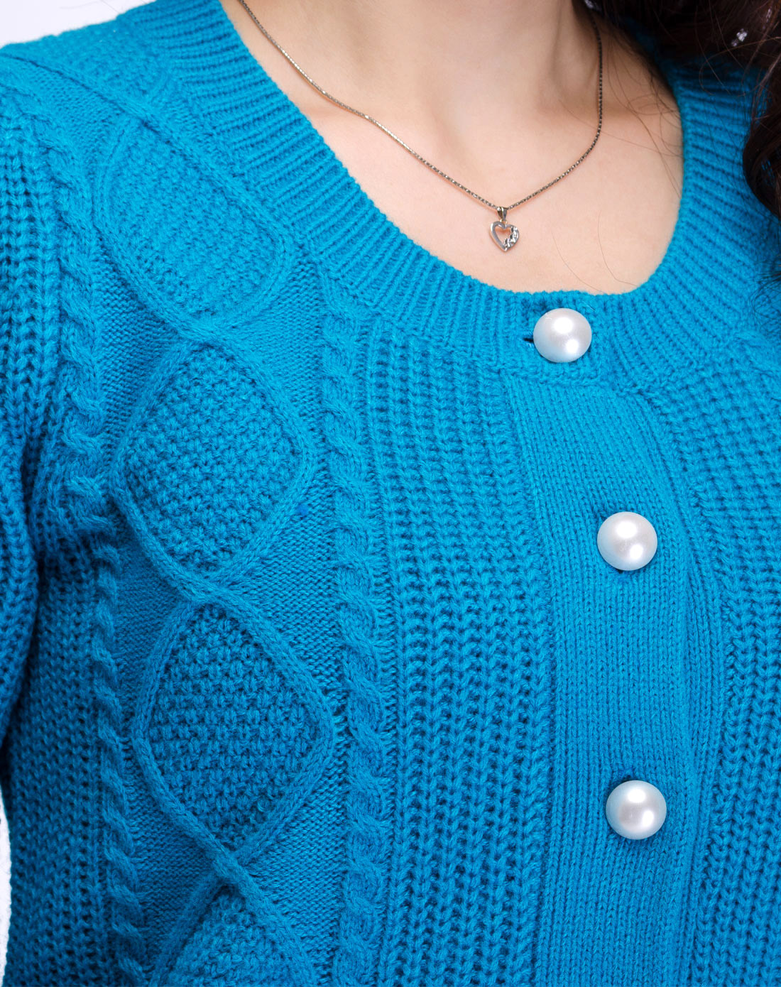 azino-湖蓝色拐花<em>泡泡袖</em>时尚<em>毛衣开衫</em>2a