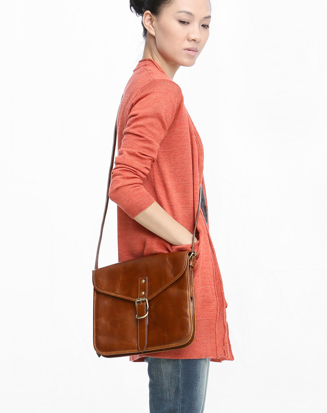 艾米Amii桔红色简约休闲长袖<em>开襟毛衣</em>112408