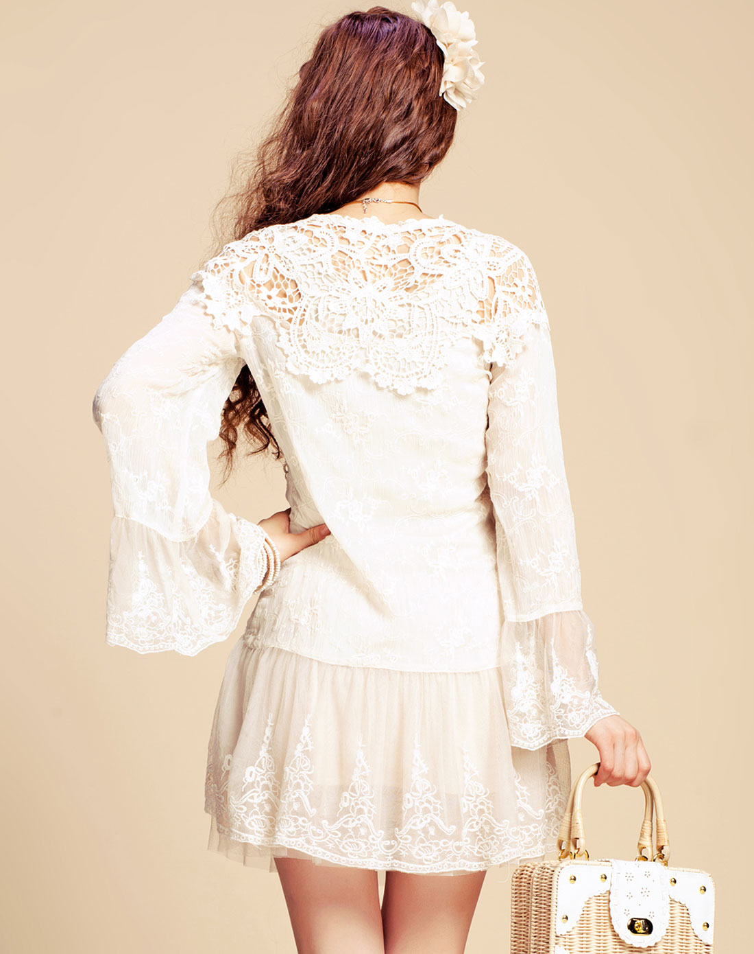 MEYEEKA米白色气质蕾丝衫<em>喇叭袖雪纺开衫</em>2
