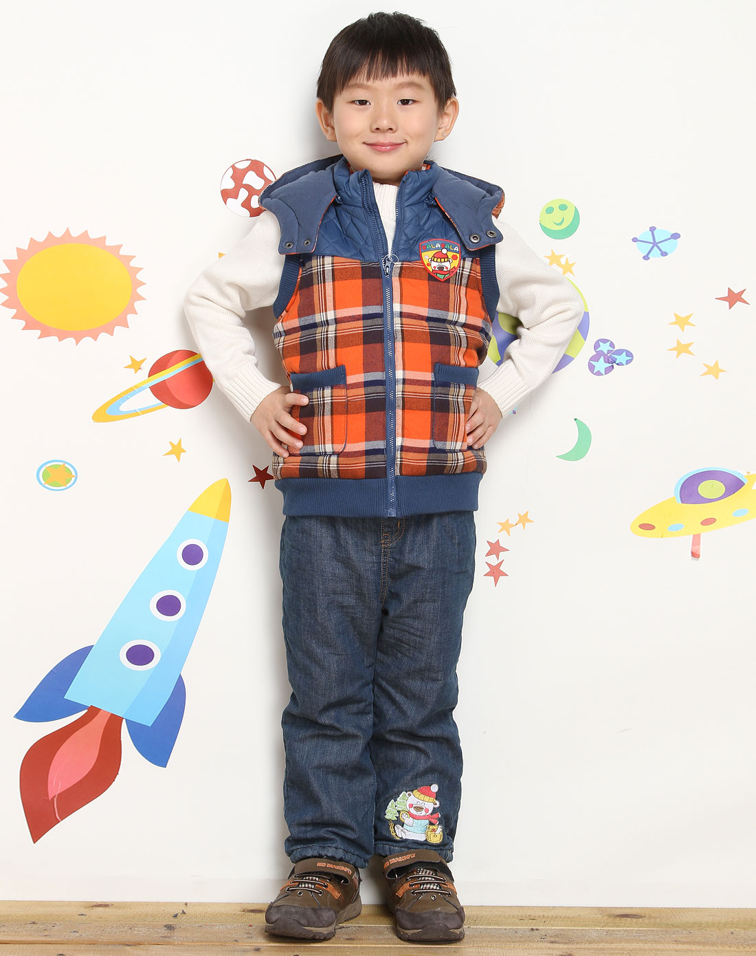 <em>巴拉巴拉balabala男童</em>专场蓝拼桔色连帽格子夹