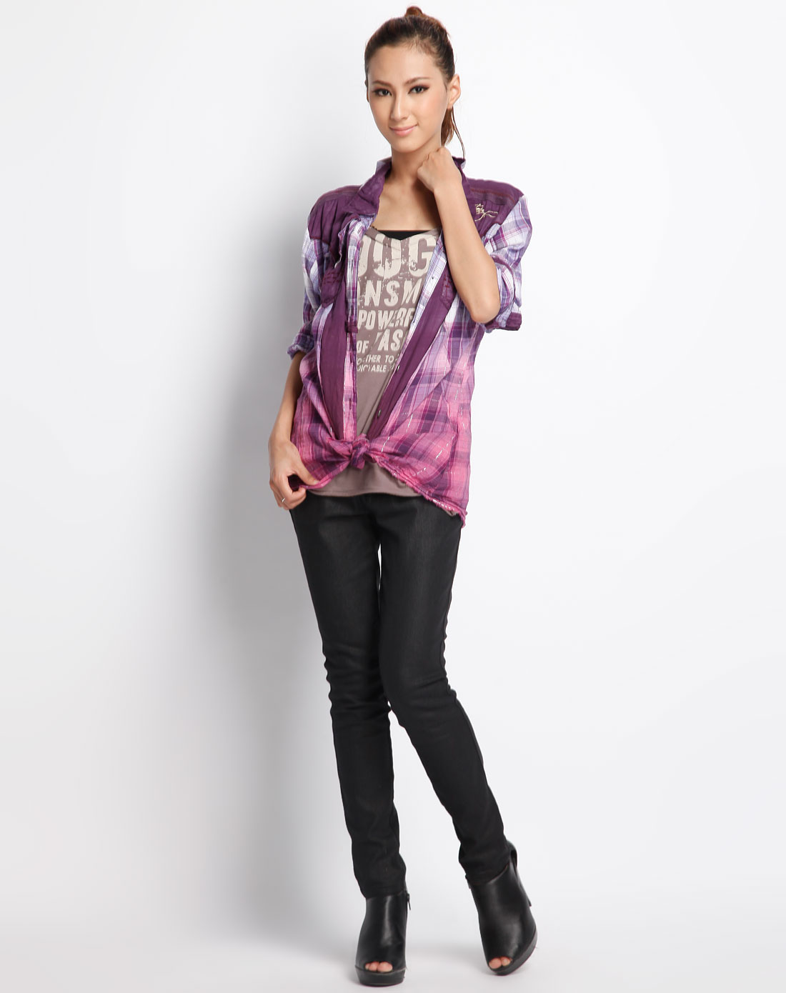 男<em>女</em>装(夜场)<em>TOUGH</em> 紫色开襟格仔渐变长袖衬