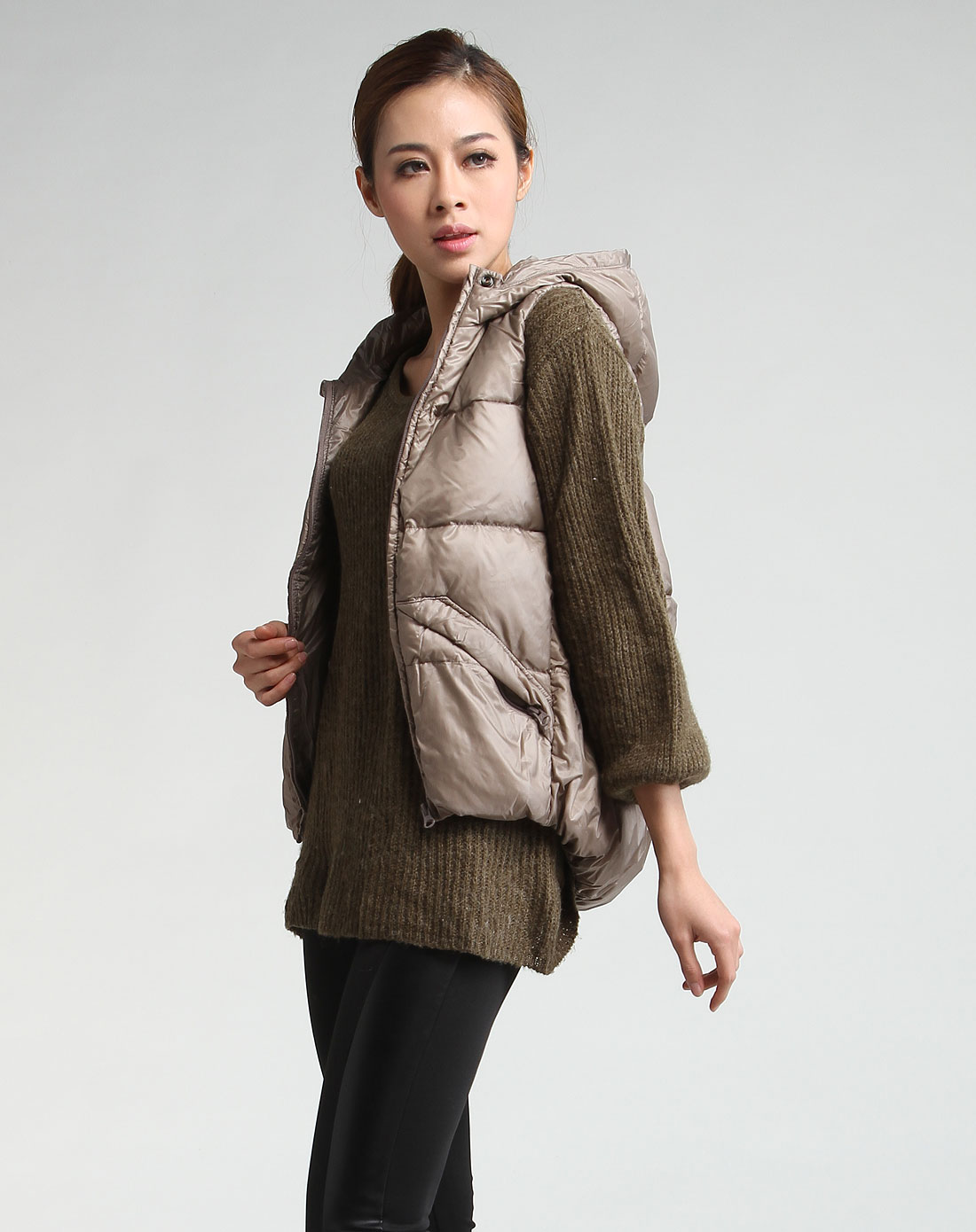 d'zzit古铜色时尚连帽<em>羽绒服马夹</em>314K10147_<em>唯品会</em>