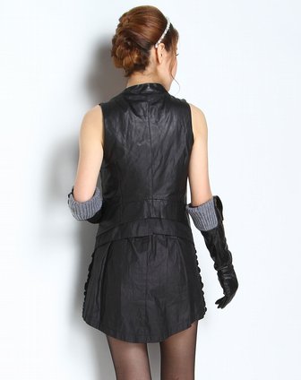 艾奇AIQI皮草专场<em>女款</em>黑色时尚皮<em>马甲</em>两件套A