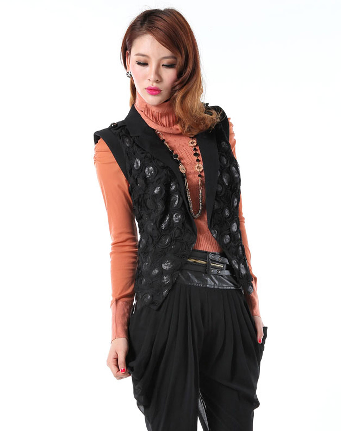 蔻拉CHKNAK黑色<em>拼接式马夹</em>外套86DMJ001