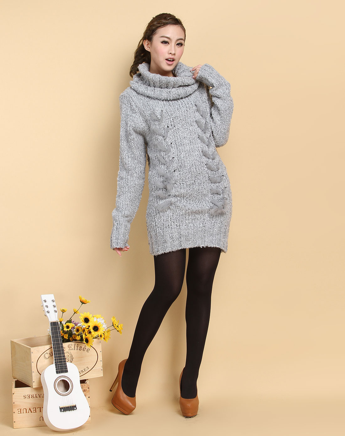 特芙娜TAPENADE麻灰色<em>粗针</em>混纺<em>高领</em>长款长