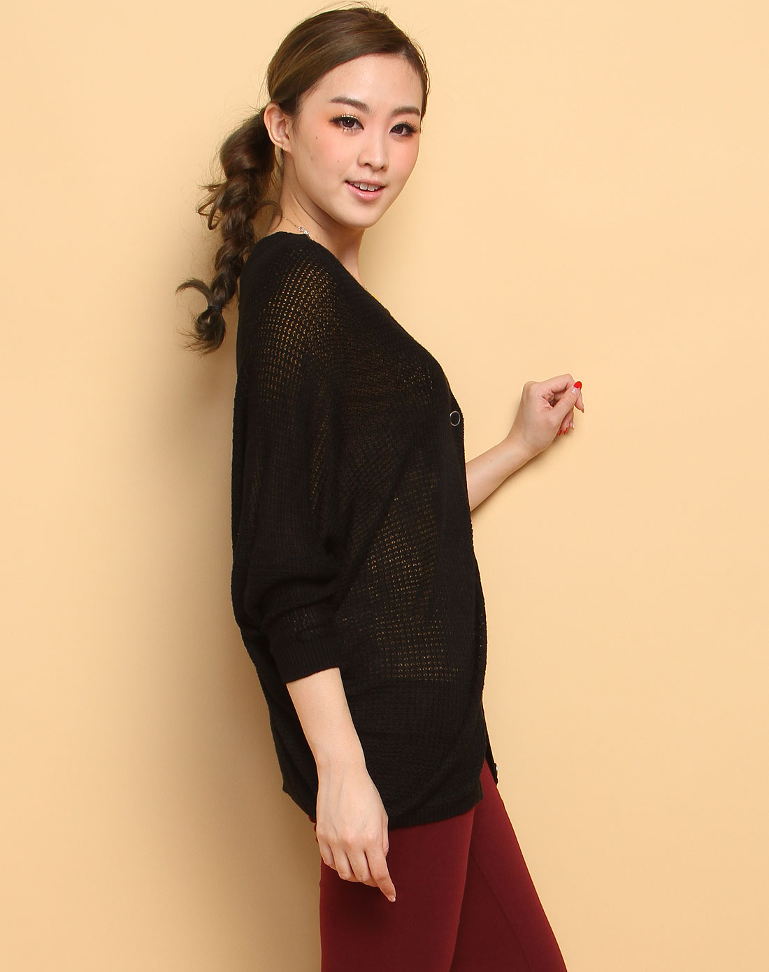 卡莎布兰卡Casablank<em>黑色</em>镂空<em>蝙蝠袖针织开衫</em>