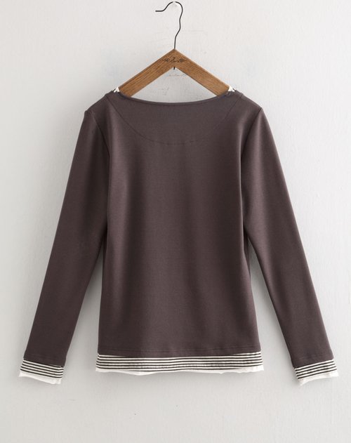 初语 深灰色圆领假两件长袖t恤