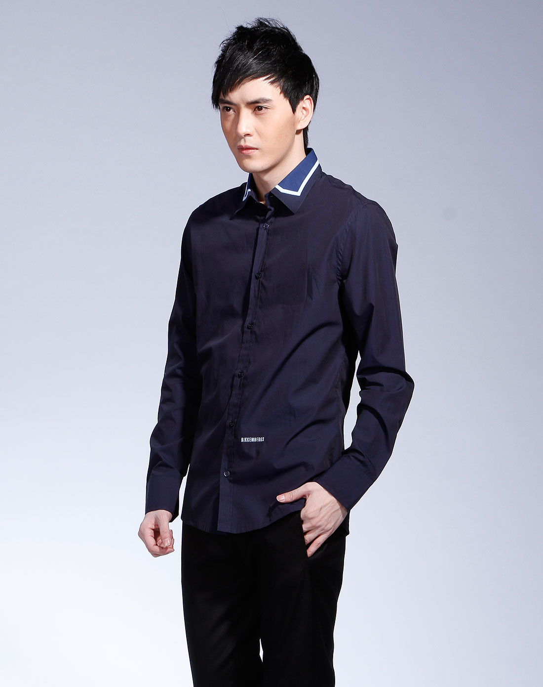毕盖帕克bikkembergs男款藏蓝色翻领休闲长袖衬衫