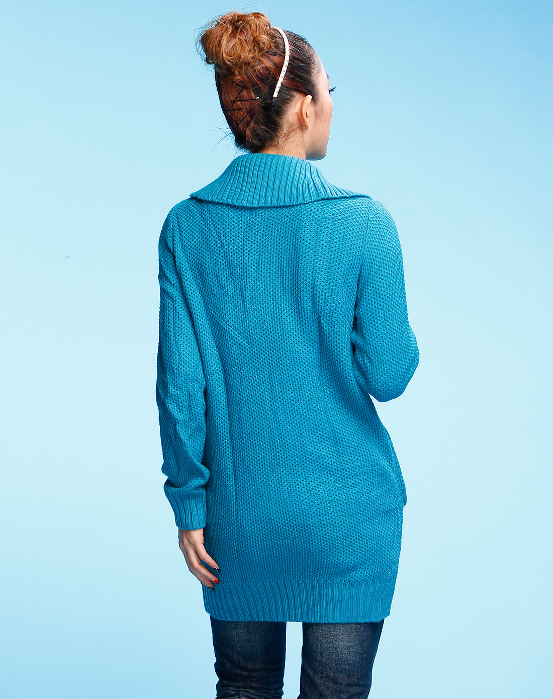 衣本色ebase深湖蓝色时尚开襟长袖针织衫