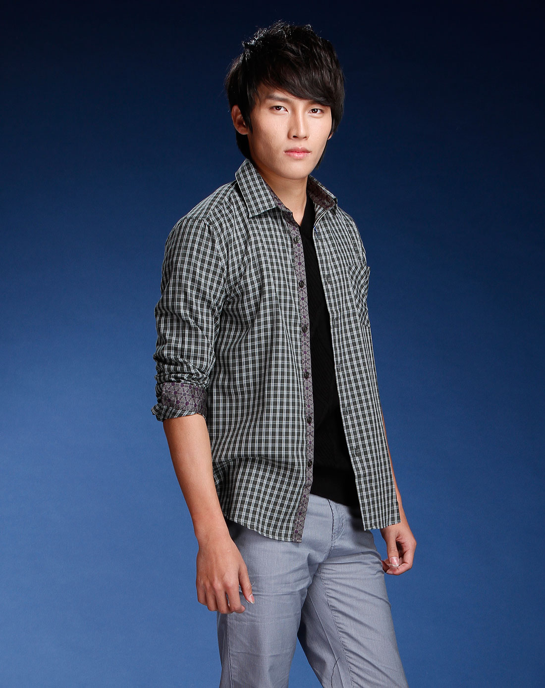 步森busen男款绿格子衬衫