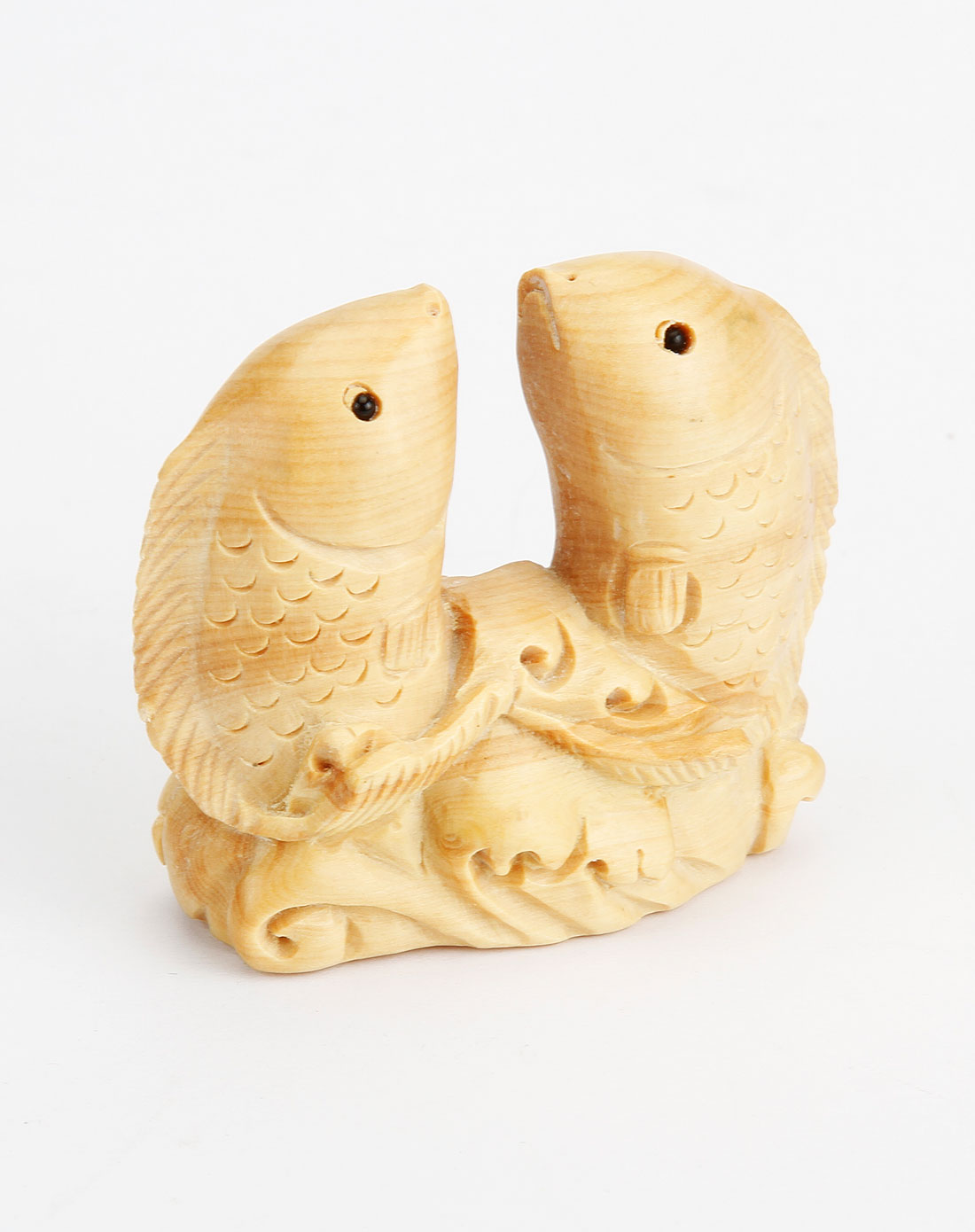 男女米黄色木雕双鱼摆件