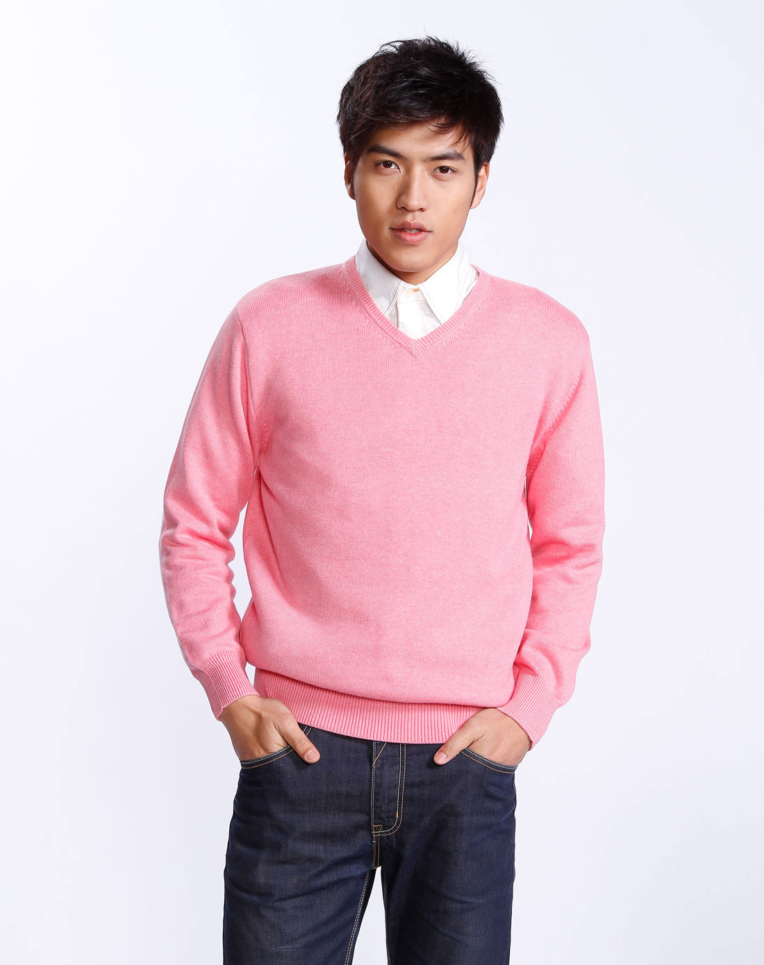 sideout男款粉红色v领长袖毛衣