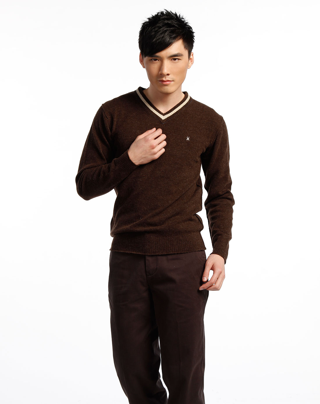 嘉仕堡gaastra男款深咖啡色v领长袖毛衣