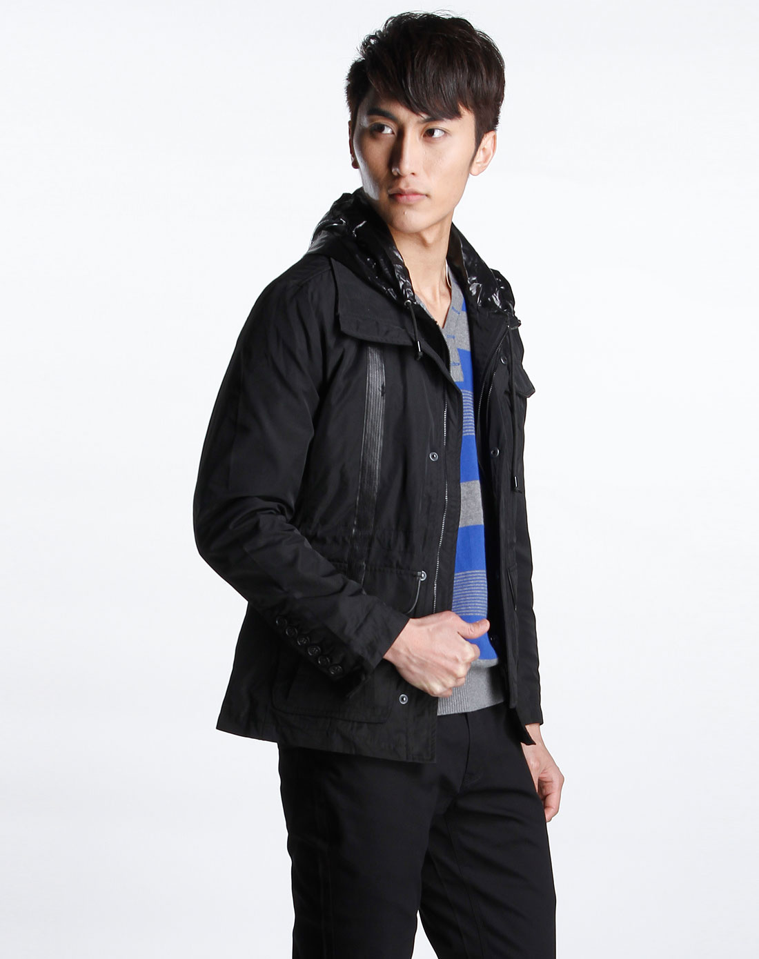 男装库存专场左岸 黑色连帽休闲长袖茄克衫