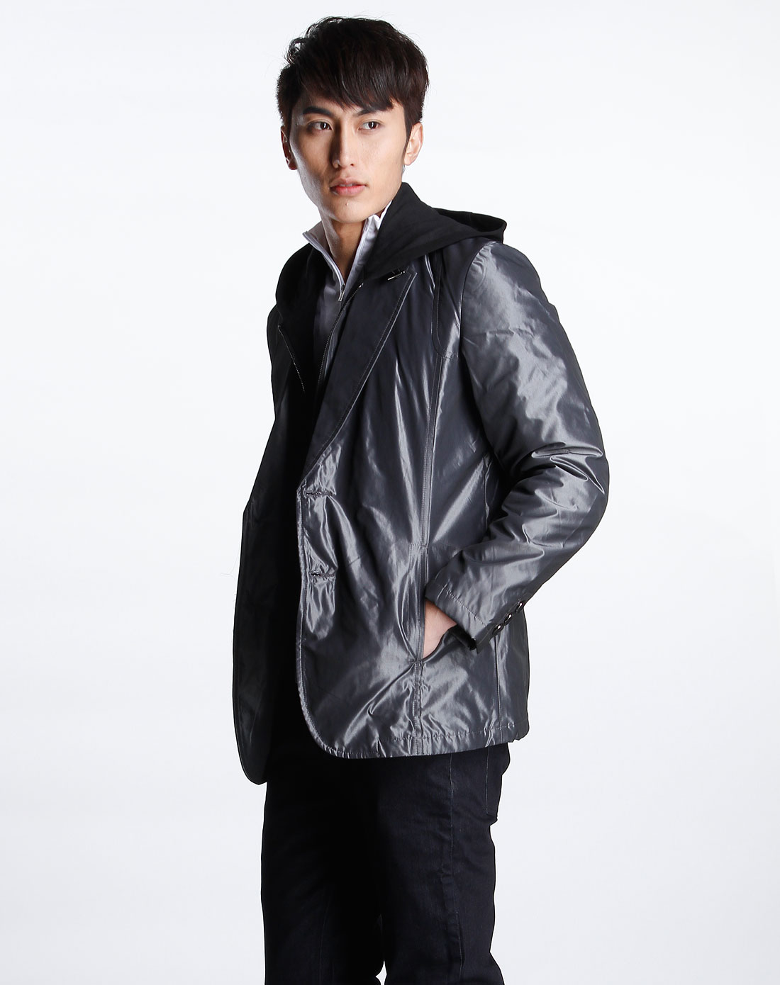 左岸男装专场深灰/黑色连帽时尚长袖外套