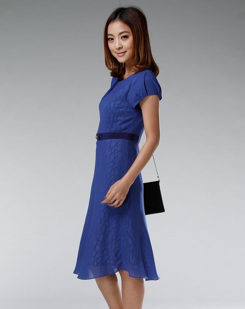 美雅高miyako女款宝蓝色短袖时尚连衣裙