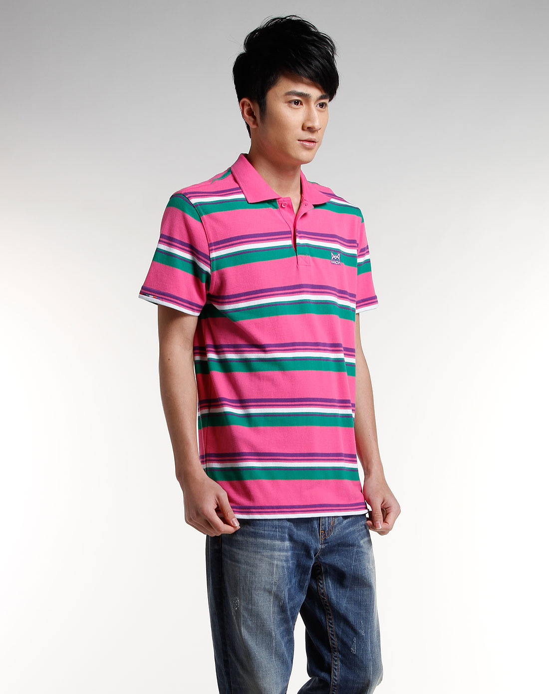 猫人miiow—男装专场深玫红/白/绿色条纹短袖polo衫