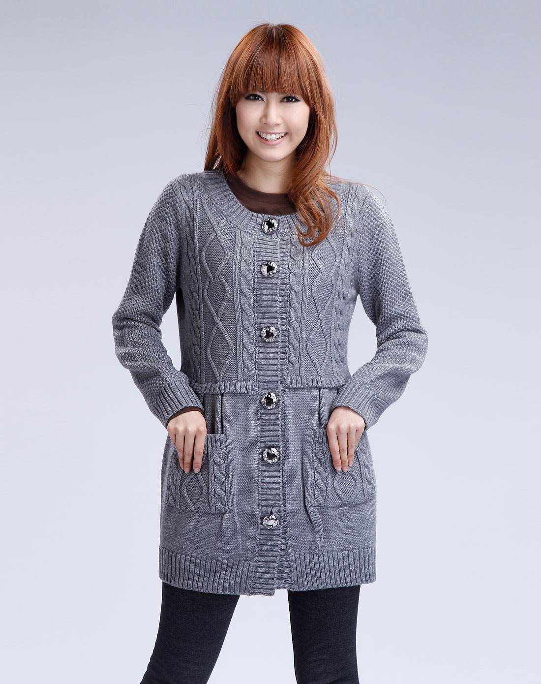 艾金诺uss azino-女装专场中灰色织花圆领长袖毛衣外套