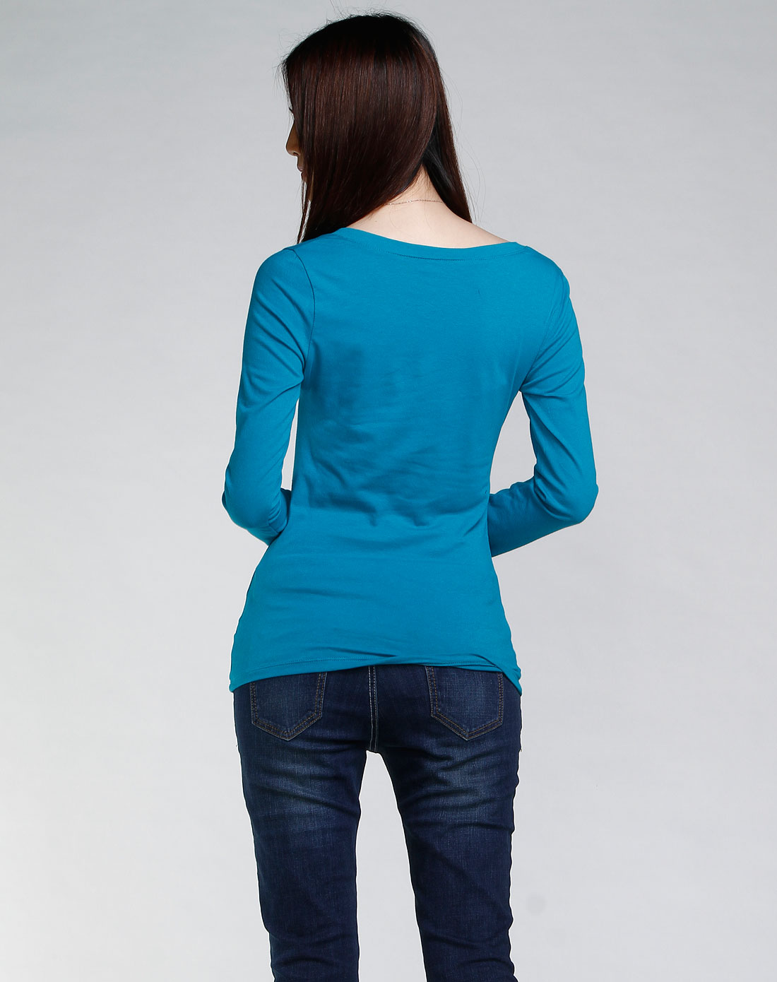 emis蓝绿色时尚长袖v领上衣