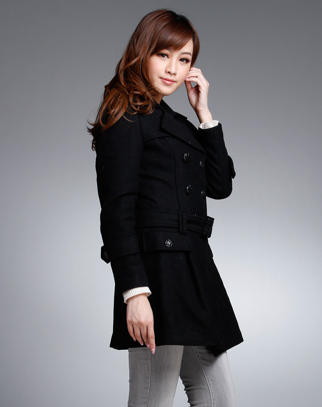 丽丽lily黑色双排扣长袖大衣