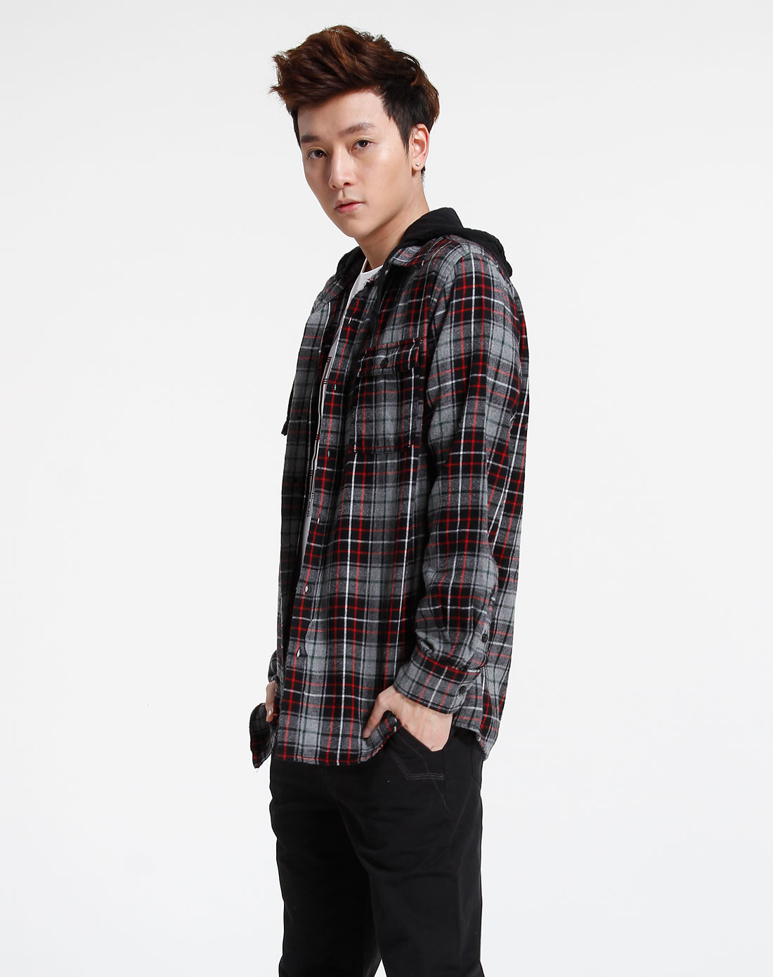 > 灰/黑色格子连帽长袖衬衫