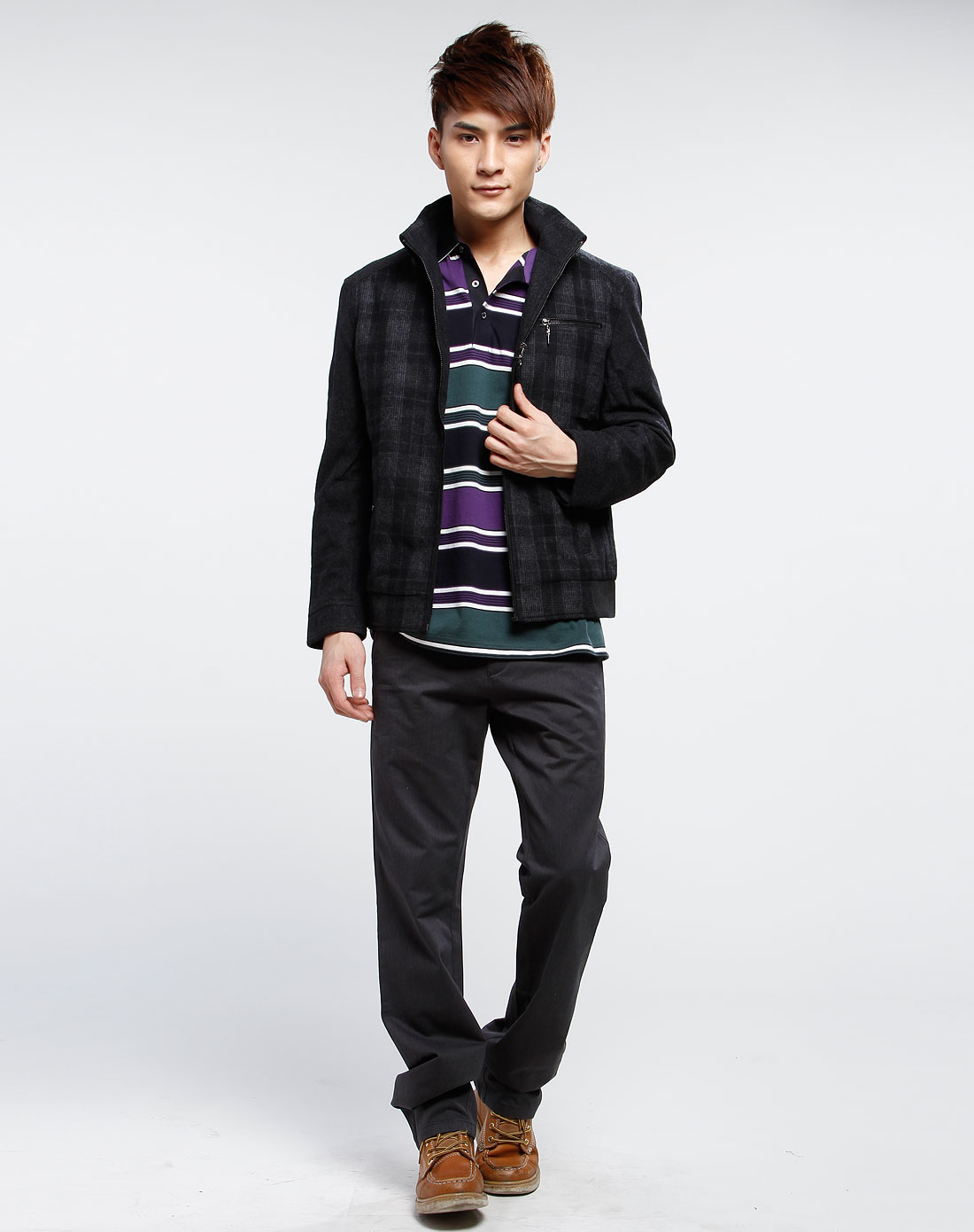 卡丹路cardanro男装深灰色格子休闲长袖茄克
