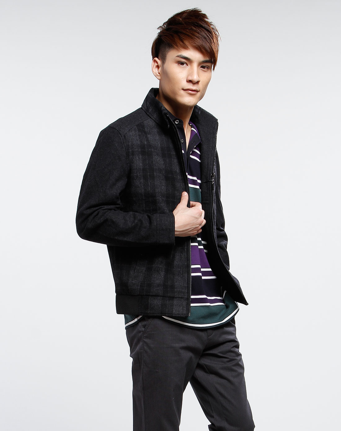 卡丹路cardanro男装深灰色格子休闲长袖茄克