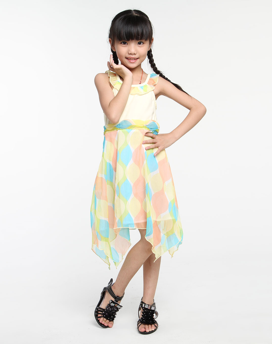 哈利·比蒂hibitte-女童粉黄/橙/蓝色时尚吊带连衣裙