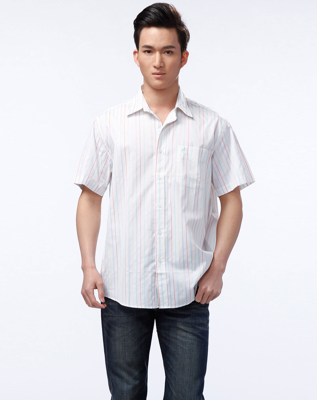 polo assn.男款白底彩条短袖衬衫