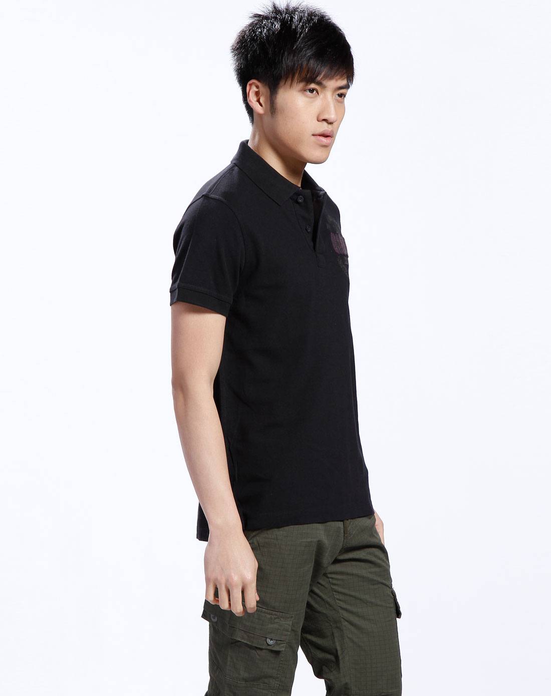 生活几何samuel&kevin男款黑色侧徽章短袖polo衫