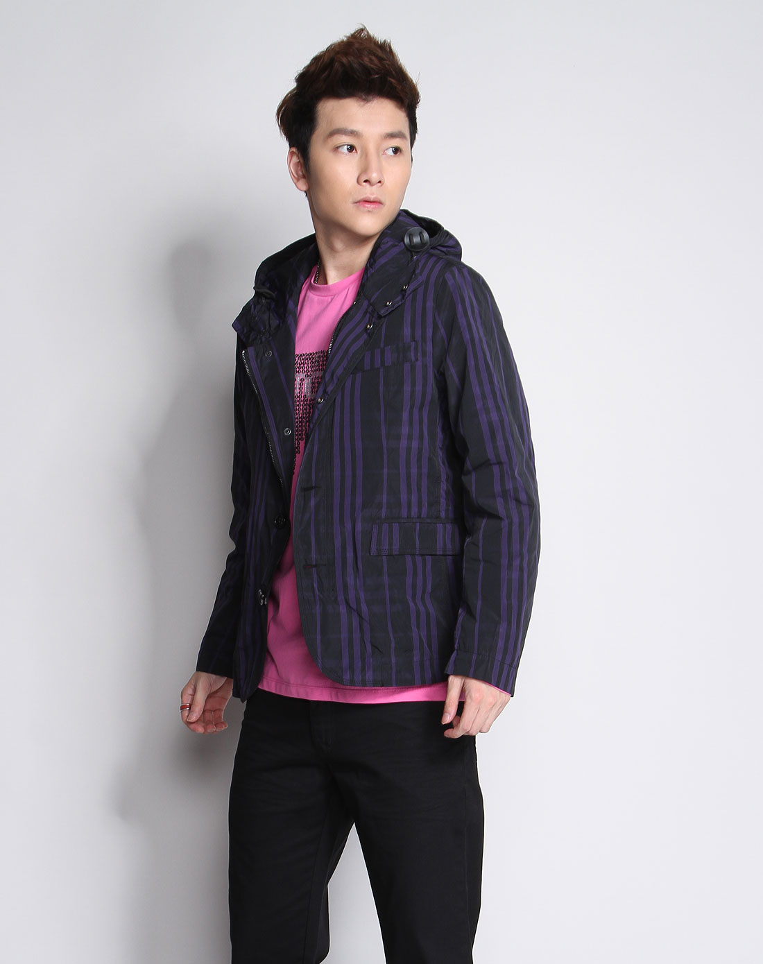 左岸男装专场深紫/黑色条纹连帽长袖夹克外套