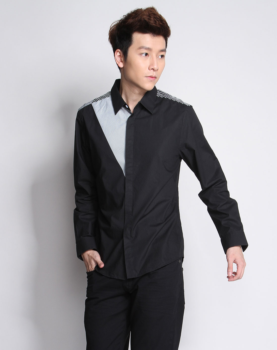 左岸男装专场黑/灰白色条纹长袖衬衫