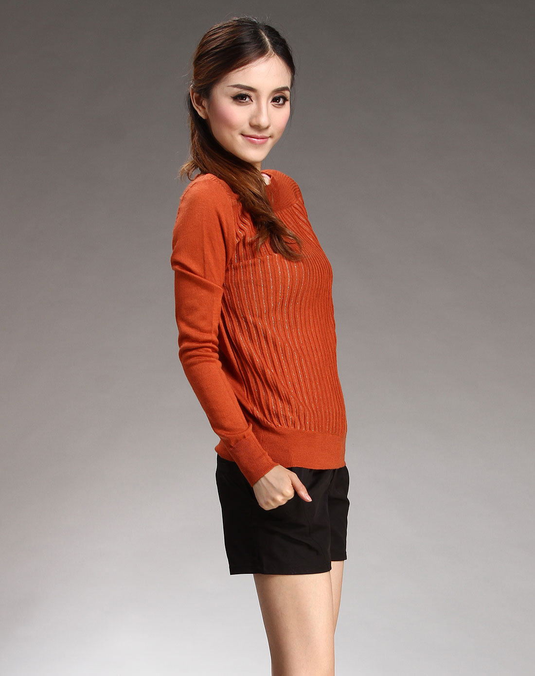 衣香丽影桔红色时尚个性长袖上衣